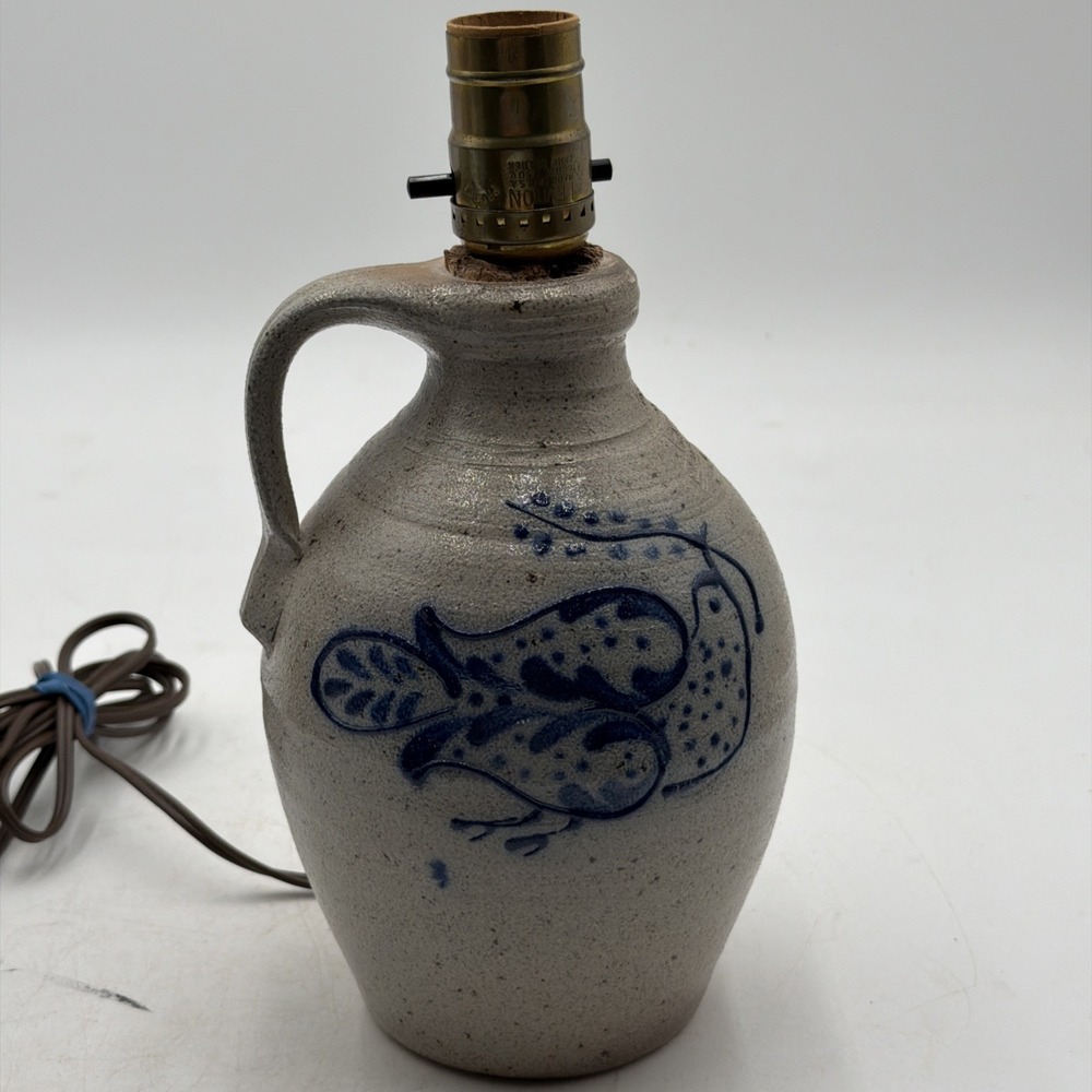 Vintage 1985 Rowe Pottery Works Stoneware Handled Crock Lamp Blue Bird Design